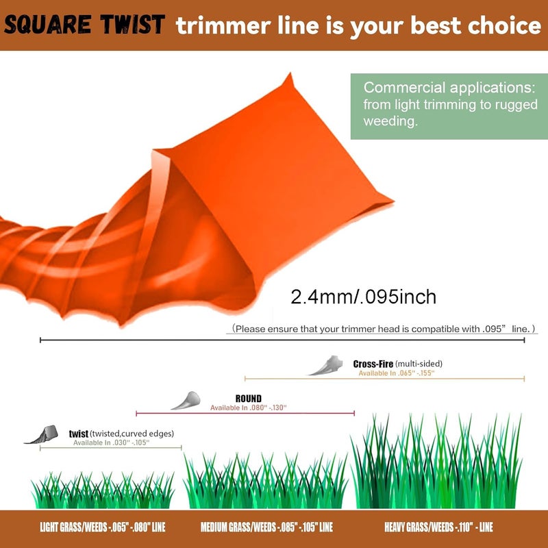efrozen String Trimmer Line .095-Inch, 381 Feet of Orange Square Twisted Heavy Duty Weed Eater String, Premium Commercial Weed Wacker String Spool Replacement - Image 3
